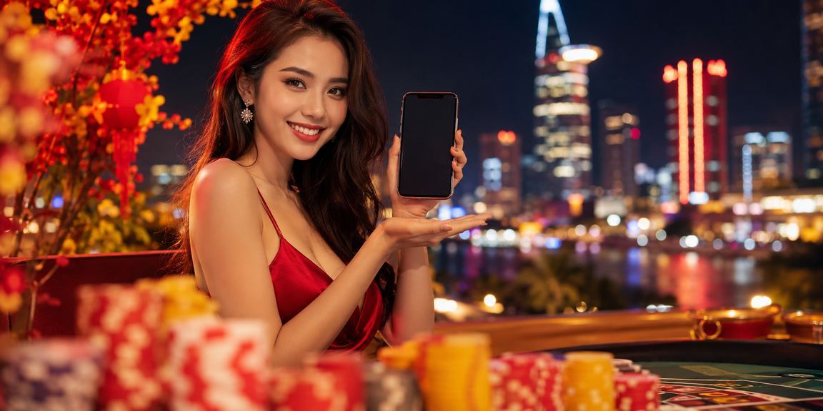 Ánh đèn neon TP.HCM về đêm phản chiếu trong trải nghiệm casino mobile jackpot sôi động